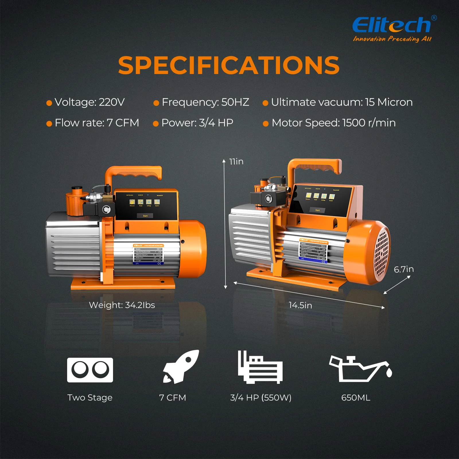 Elitech SVP-7/V700 220V Intelligent 2-Stage Vacuum Pump, 7CFM, 3L/S, APP Control, Data Logging, Smart Control, HVAC Refrigerator Heat Pump Auto Air Condition Service Tool (oil is not included) - Image 9