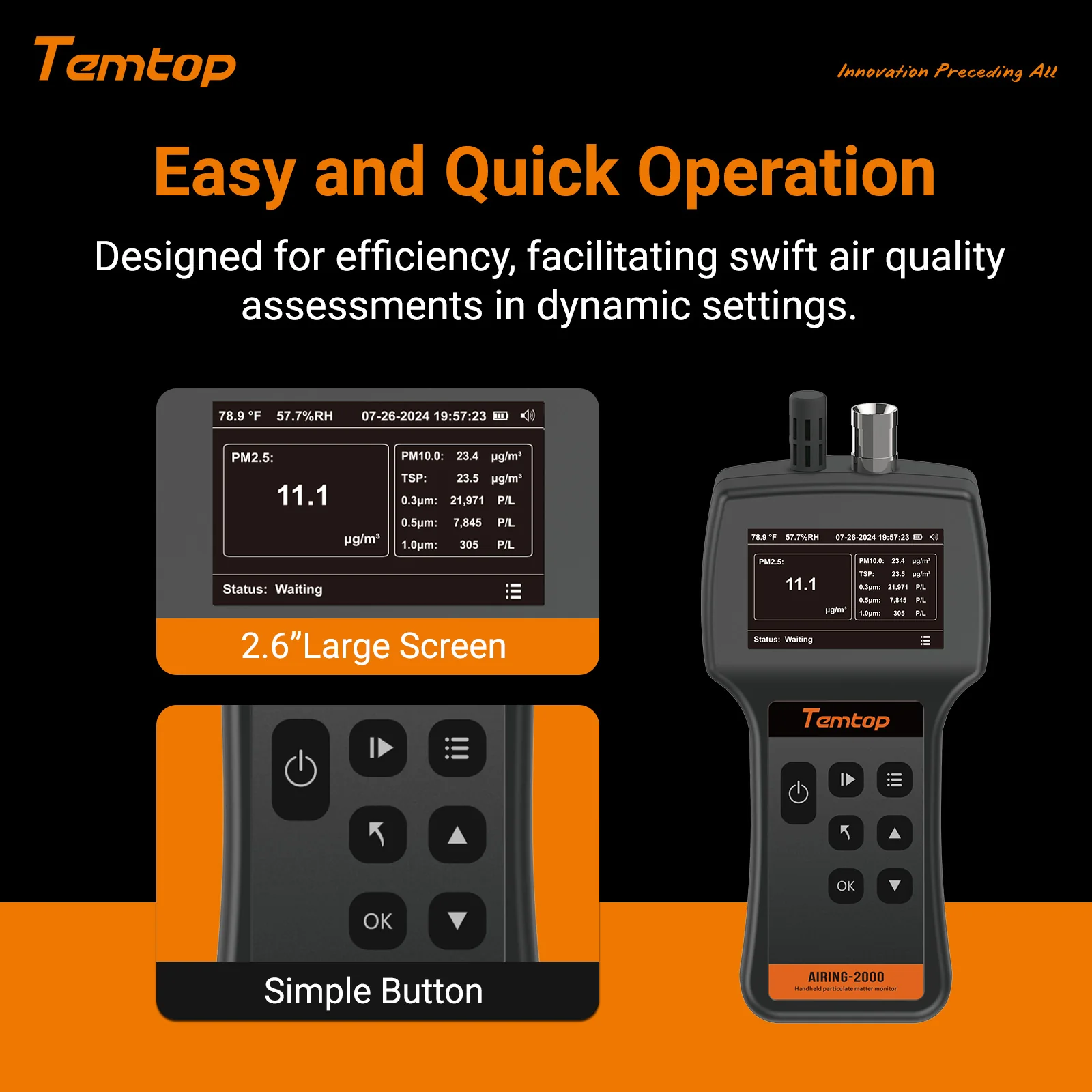 Temtop Airing 2000 3-channel Handheld Particle Counter Dust Monitor with Pumped PM Sensor, Three Outputs of Particle Numbers 0.3μm, 0.5μm, 1.0μm, Concentrations of Three Particles Types PM2.5, PM10, TSP, Temp & Humidity Detector - Image 3
