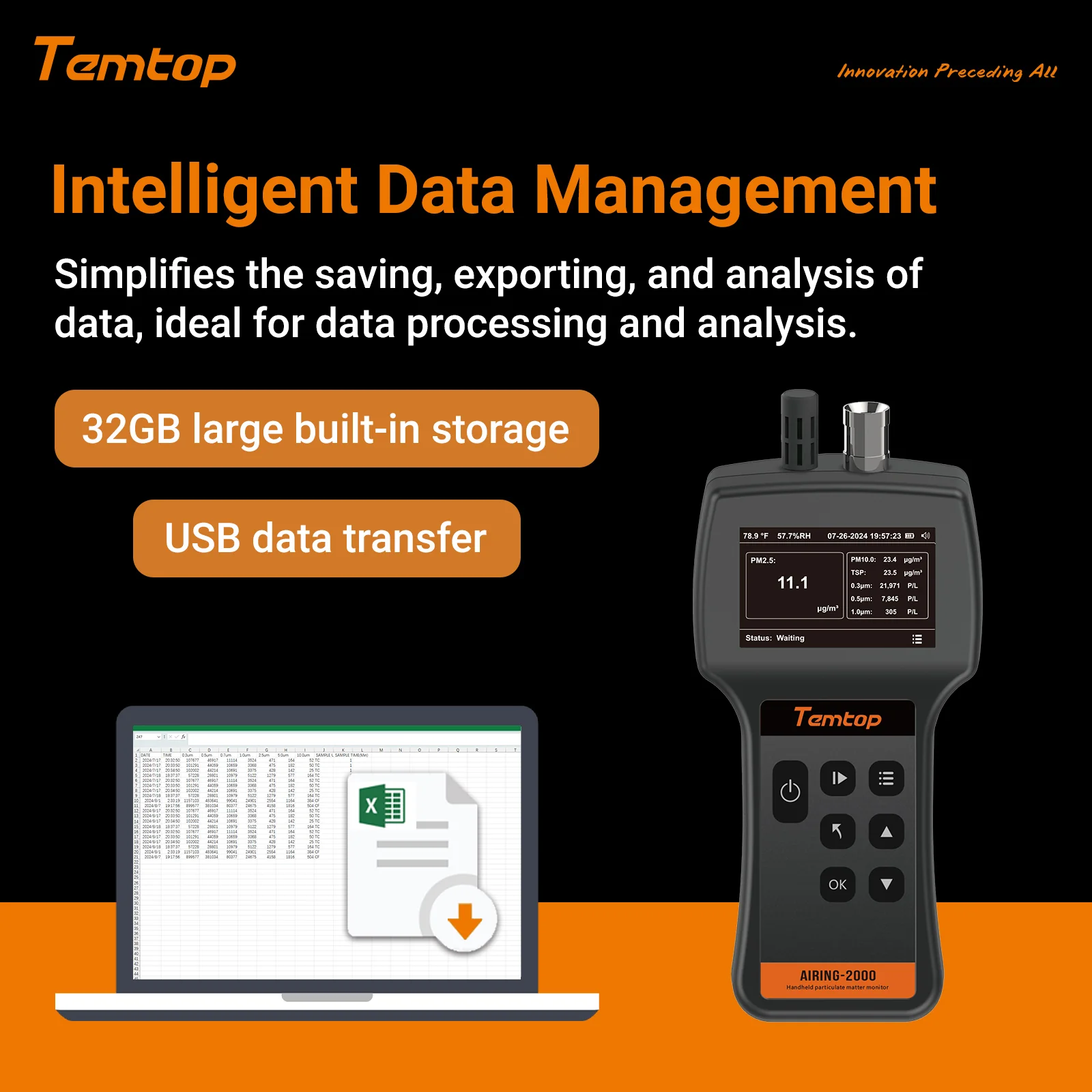 Temtop Airing 2000 3-channel Handheld Particle Counter Dust Monitor with Pumped PM Sensor, Three Outputs of Particle Numbers 0.3μm, 0.5μm, 1.0μm, Concentrations of Three Particles Types PM2.5, PM10, TSP, Temp & Humidity Detector - Image 4