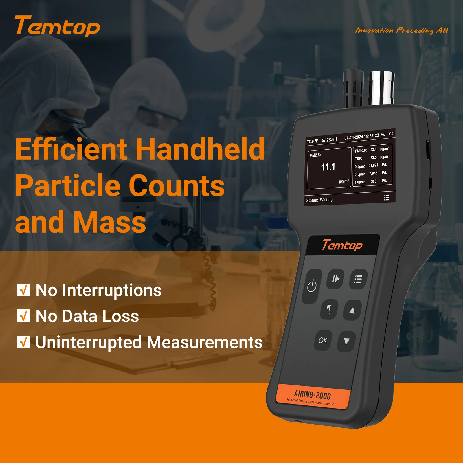 Temtop Airing 2000 3-channel Handheld Particle Counter Dust Monitor with Pumped PM Sensor, Three Outputs of Particle Numbers 0.3μm, 0.5μm, 1.0μm, Concentrations of Three Particles Types PM2.5, PM10, TSP, Temp & Humidity Detector - Image 5