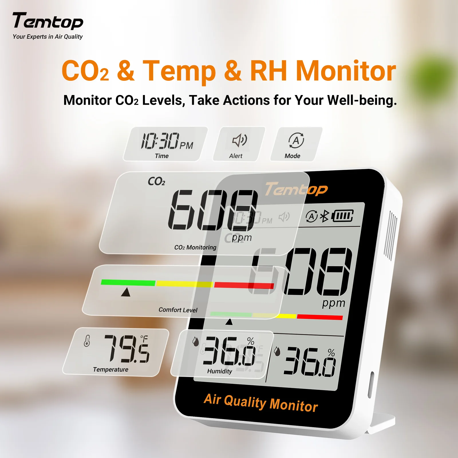 Temtop C1+ CO2 Monitor Indoor Air Quality Monitor for CO2, Temperature and Humidity with App and Data History - Image 3