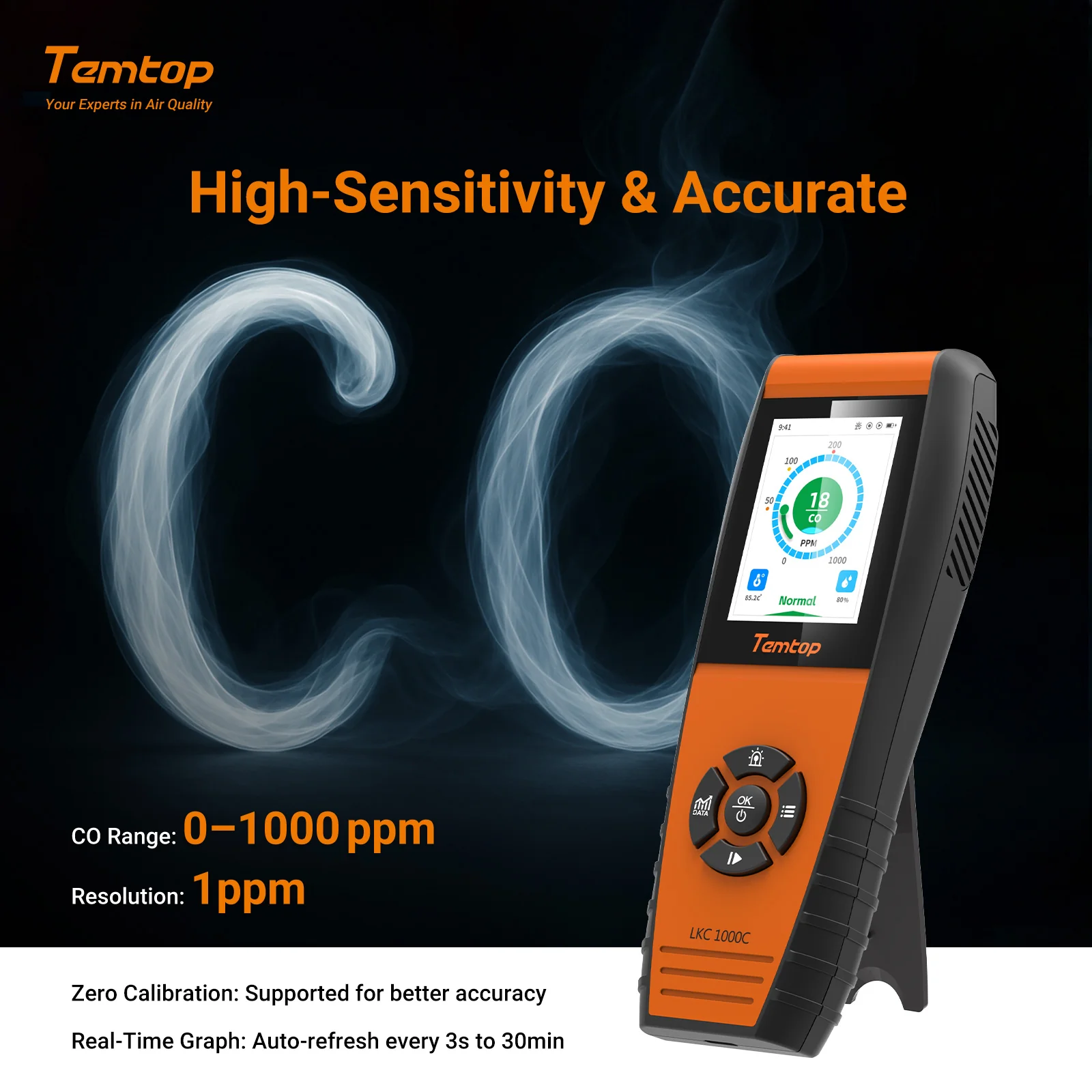 Temtop LKC-1000C Portable CO Detector with TFT Color LCD Screen, USB Data Export, Calibration, and Adjustable Alarm Threshold - Image 3