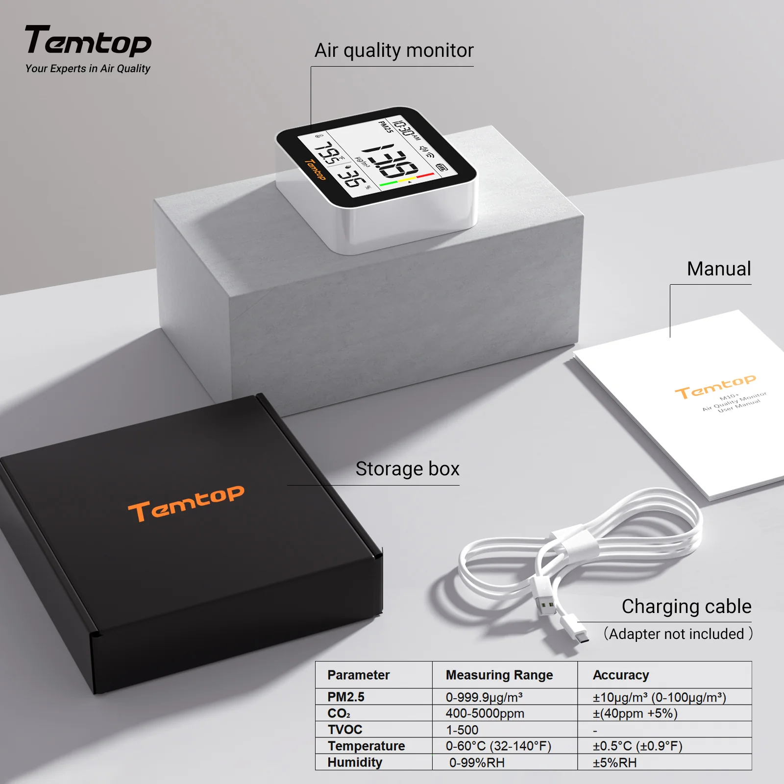 Temtop M10+ WIFI Air Quality Monitor, Rechargeable CO2 Detector with PM2.5 TVOC AQI Temperature and Humidity, 6-in-1 Indoor Pollution Meter with App Control, Data Export, E-ink Screen for Home Office - Image 3