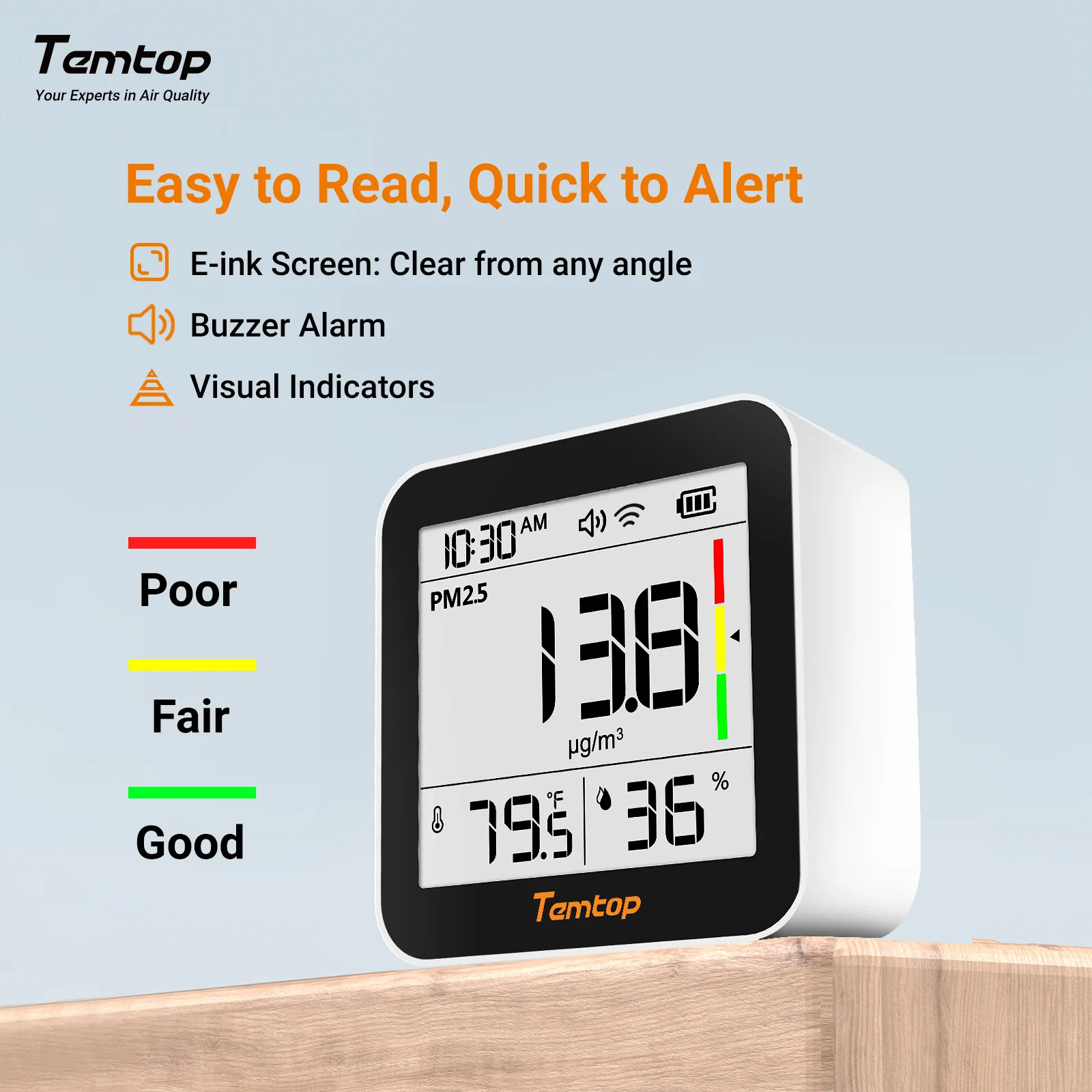 Temtop M10+ WIFI Air Quality Monitor, Rechargeable CO2 Detector with PM2.5 TVOC AQI Temperature and Humidity, 6-in-1 Indoor Pollution Meter with App Control, Data Export, E-ink Screen for Home Office - Image 5