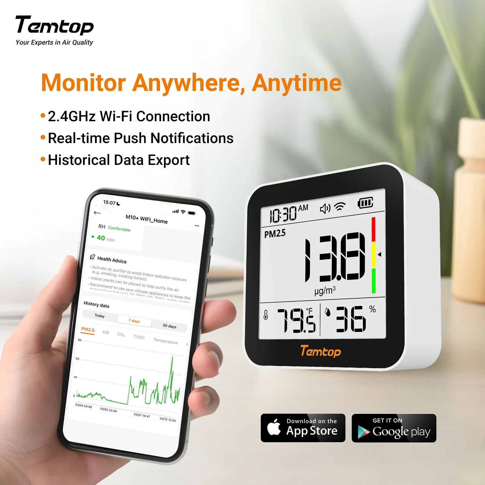 Temtop M10+ WIFI Air Quality Monitor, Rechargeable CO2 Detector with PM2.5 TVOC AQI Temperature and Humidity, 6-in-1 Indoor Pollution Meter with App Control, Data Export, E-ink Screen for Home Office - Image 6
