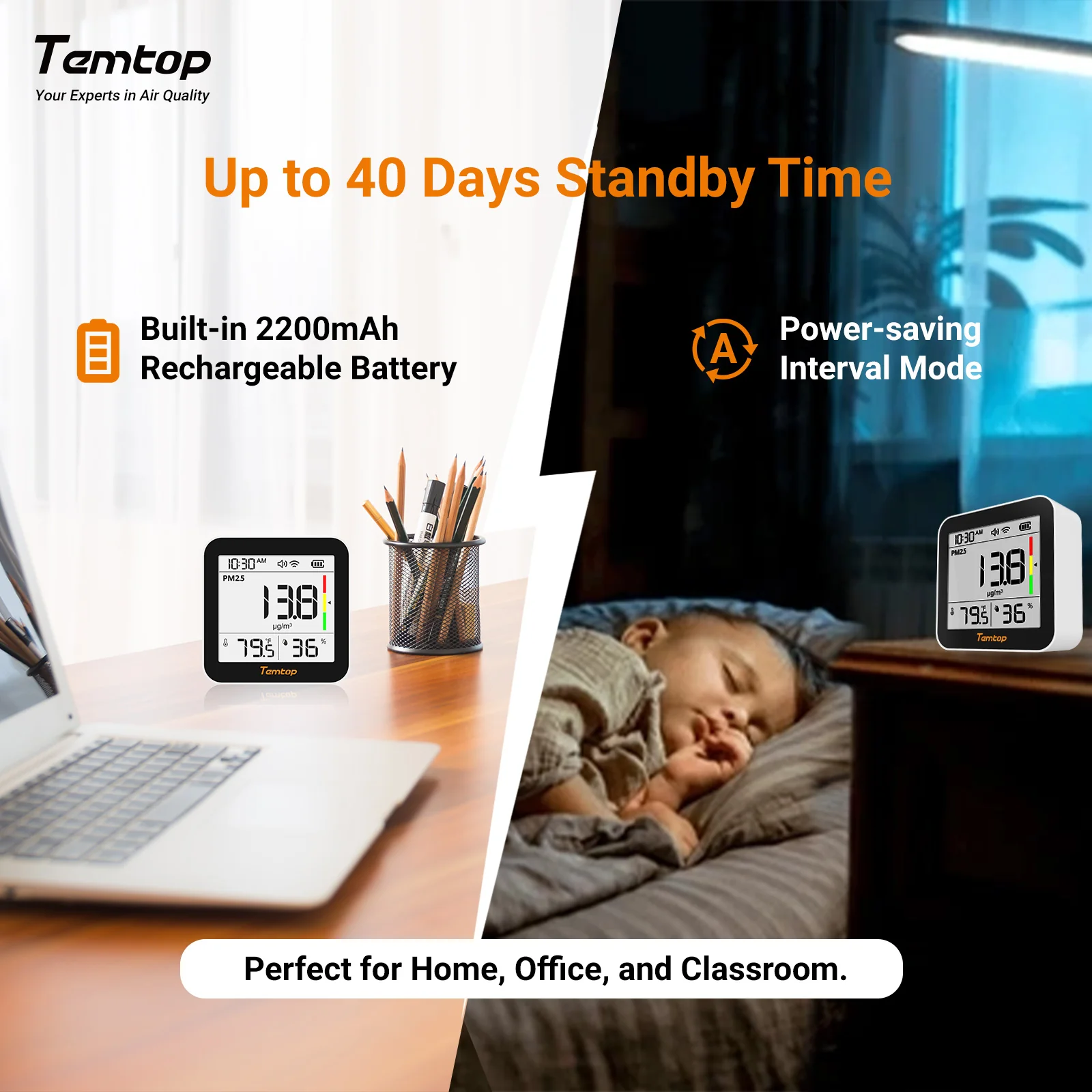 Temtop M10+ WIFI Air Quality Monitor, Rechargeable CO2 Detector with PM2.5 TVOC AQI Temperature and Humidity, 6-in-1 Indoor Pollution Meter with App Control, Data Export, E-ink Screen for Home Office - Image 7