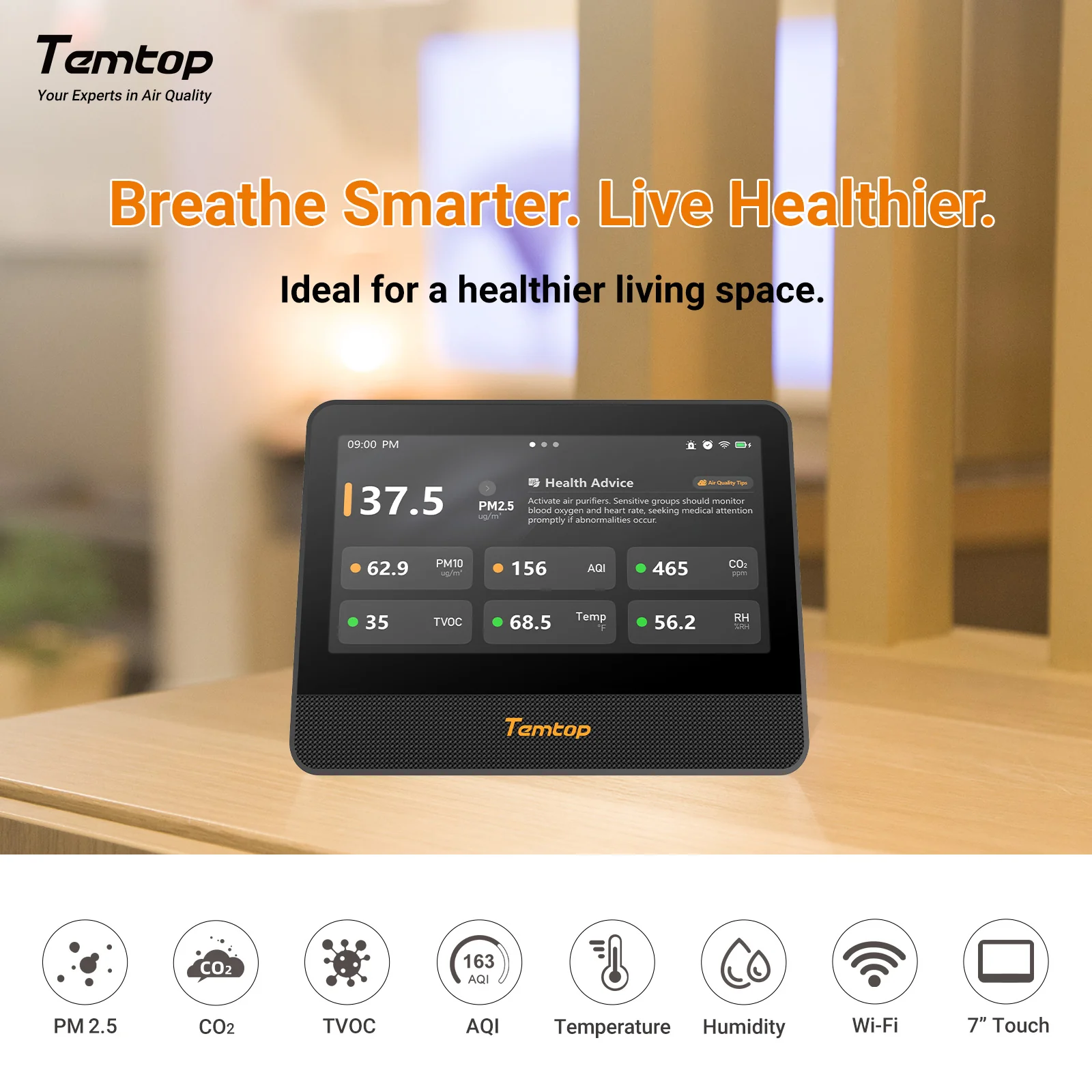 Temtop M100 2nd WiFi Air Quality Monitor – 7" Touch Screen Indoor CO2, PM2.5, PM10, TVOC, Temperature & Humidity Detector, Smart Multi-Room Air Analyzer with LoRa Expansion - Image 2