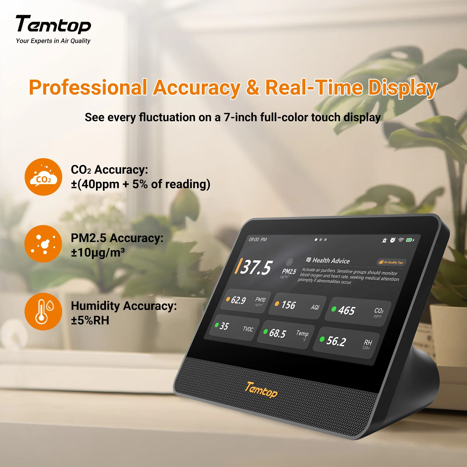 Temtop M100 2nd WiFi Air Quality Monitor – 7" Touch Screen Indoor CO2, PM2.5, PM10, TVOC, Temperature & Humidity Detector, Smart Multi-Room Air Analyzer with LoRa Expansion - Image 3