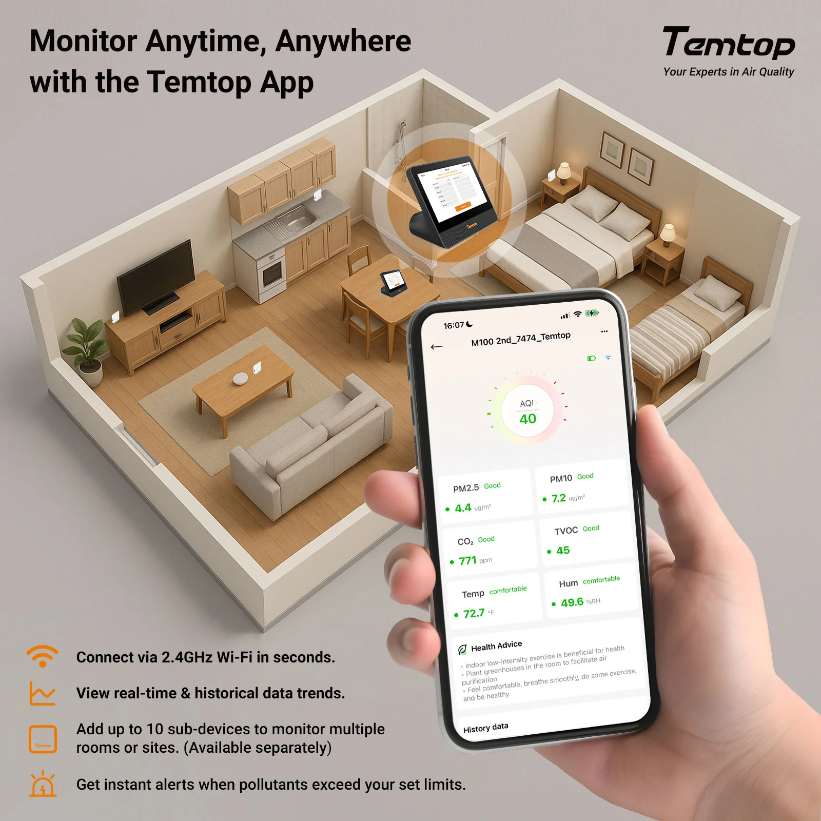 Temtop M100 2nd WiFi Air Quality Monitor – 7" Touch Screen Indoor CO2, PM2.5, PM10, TVOC, Temperature & Humidity Detector, Smart Multi-Room Air Analyzer with LoRa Expansion - Image 4