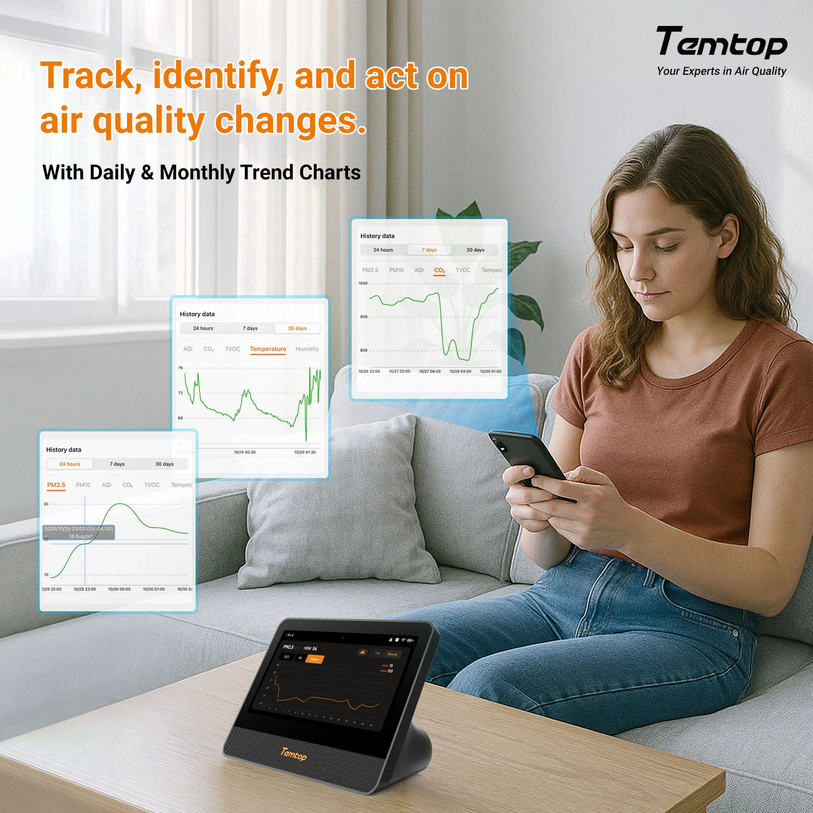 Temtop M100 2nd WiFi Air Quality Monitor – 7" Touch Screen Indoor CO2, PM2.5, PM10, TVOC, Temperature & Humidity Detector, Smart Multi-Room Air Analyzer with LoRa Expansion - Image 5