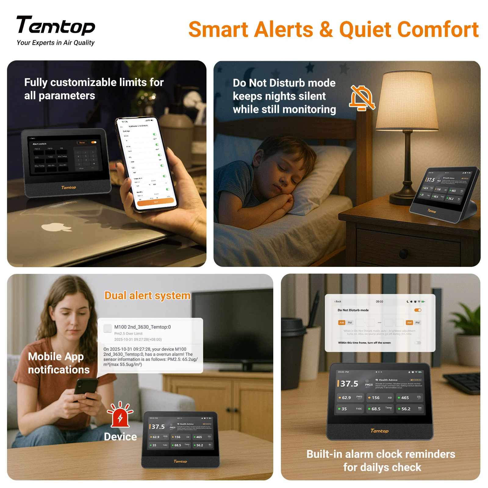 Temtop M100 2nd WiFi Air Quality Monitor – 7" Touch Screen Indoor CO2, PM2.5, PM10, TVOC, Temperature & Humidity Detector, Smart Multi-Room Air Analyzer with LoRa Expansion - Image 6