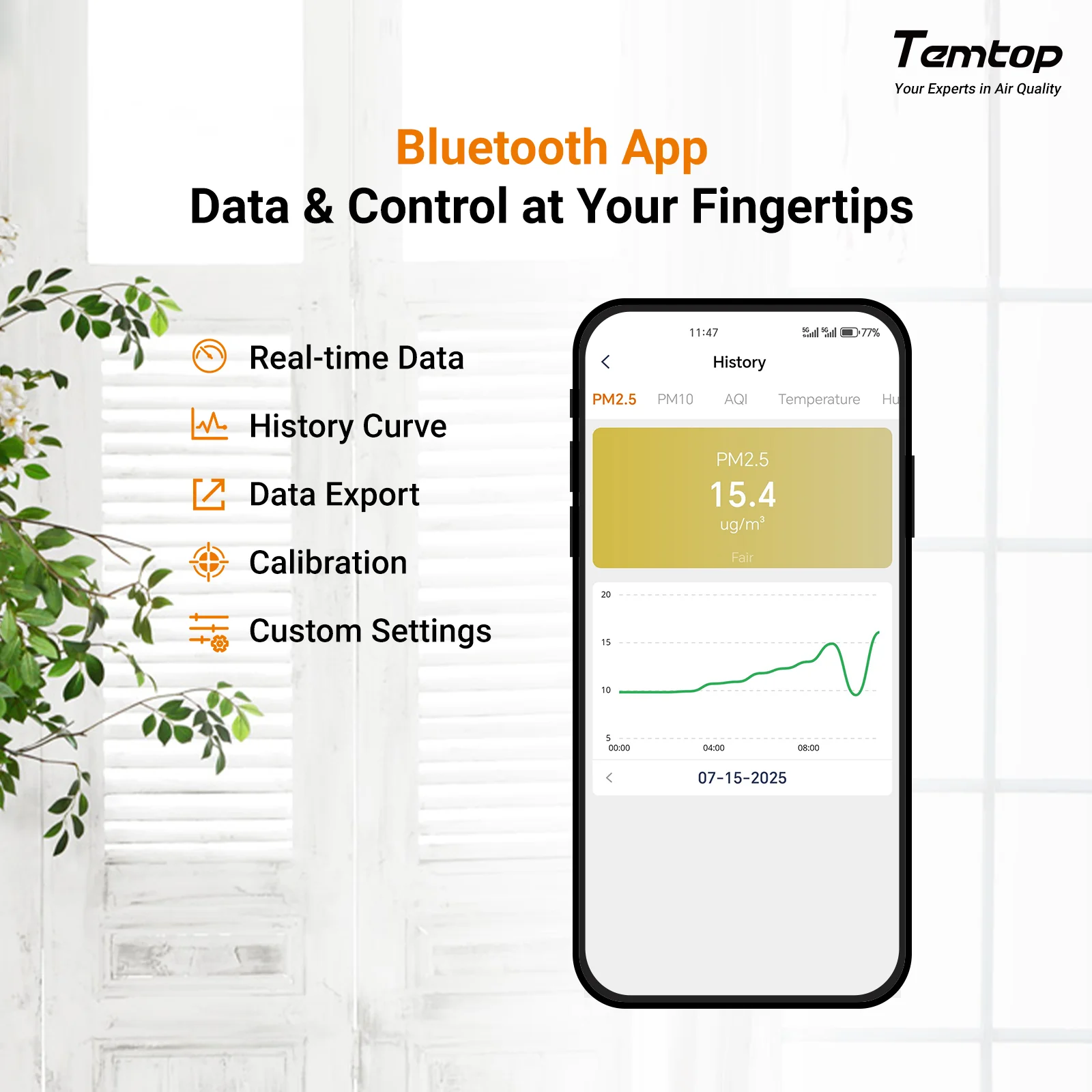 Temtop P2 Air Quality Monitor, PM2.5, PM10, CO₂, Temp & Humidity Detector for Home/Office | Accurate PM2.5, CO₂, AQI Readings Bluetooth App - Image 6