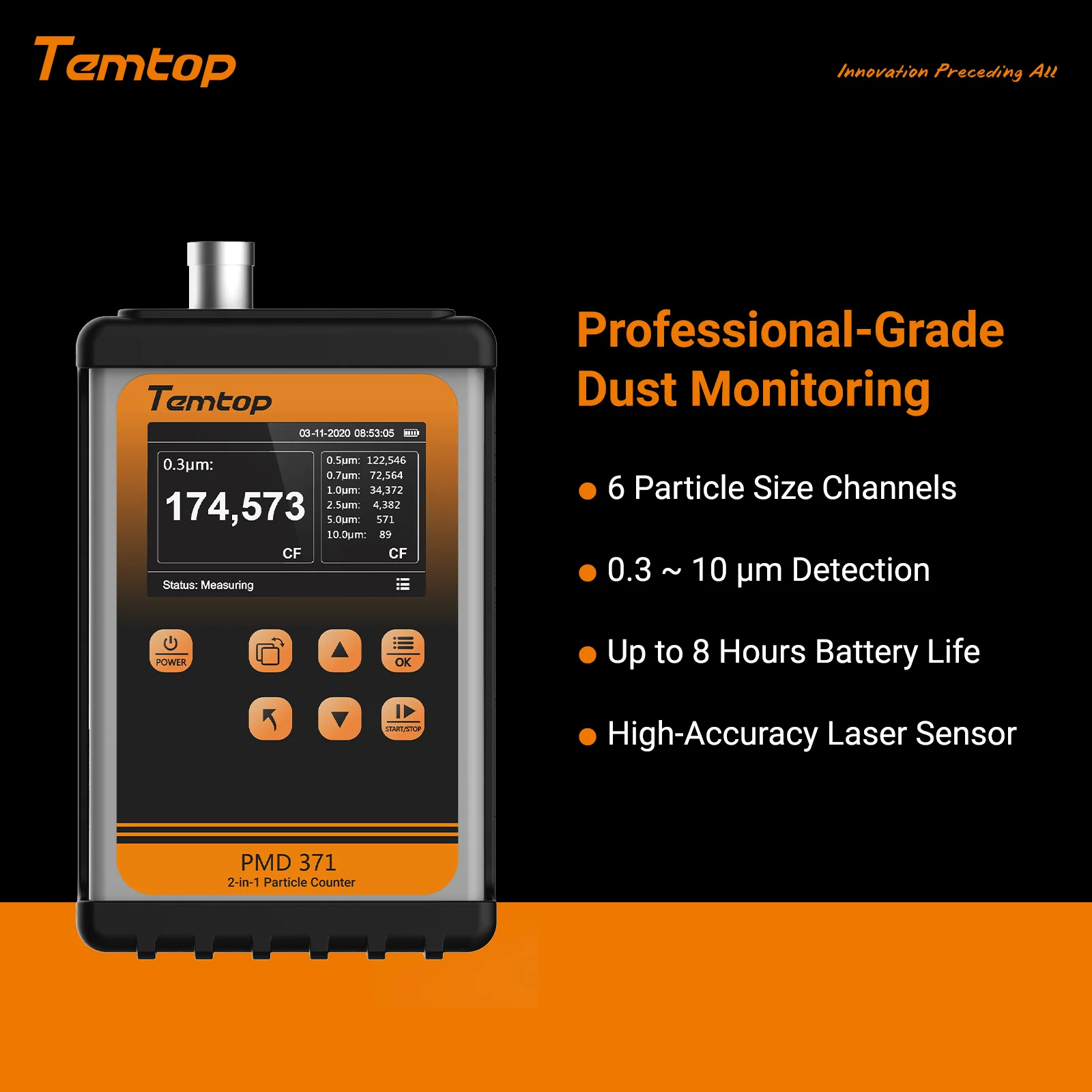 Temtop PMD371 Professional Particle Counter, Handheld Aerosol Dust Monitor with 7 Channels (0.3-10μm), PM2.5/PM10/TSP, Ideal for Cleanrooms, Construction Sites & Industrial Air Quality Monitoring - Image 3