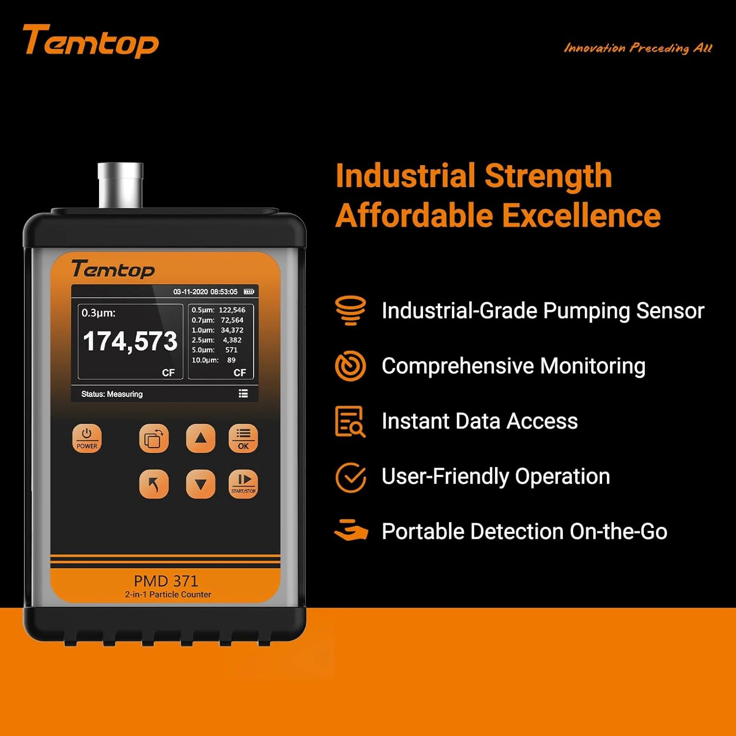 Temtop PMD371 Professional Particle Counter, Handheld Aerosol Dust Monitor with 7 Channels (0.3-10μm), PM2.5/PM10/TSP, Ideal for Cleanrooms, Construction Sites & Industrial Air Quality Monitoring - Image 4