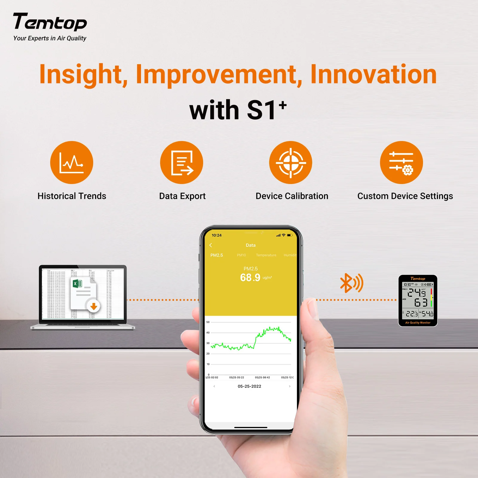 Temtop S1+ Bluetooth Indoor Air Quality Meter Temperature and Humidity AQI PM2.5 Monitor with APP Control - Image 3