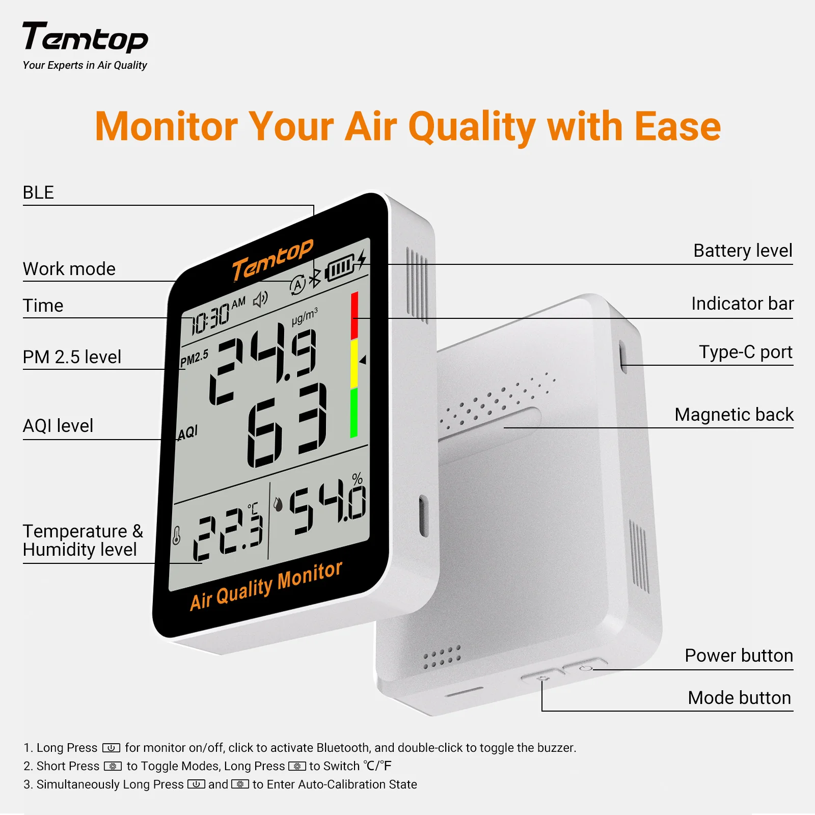 Temtop S1+ Bluetooth Indoor Air Quality Meter Temperature and Humidity AQI PM2.5 Monitor with APP Control - Image 5