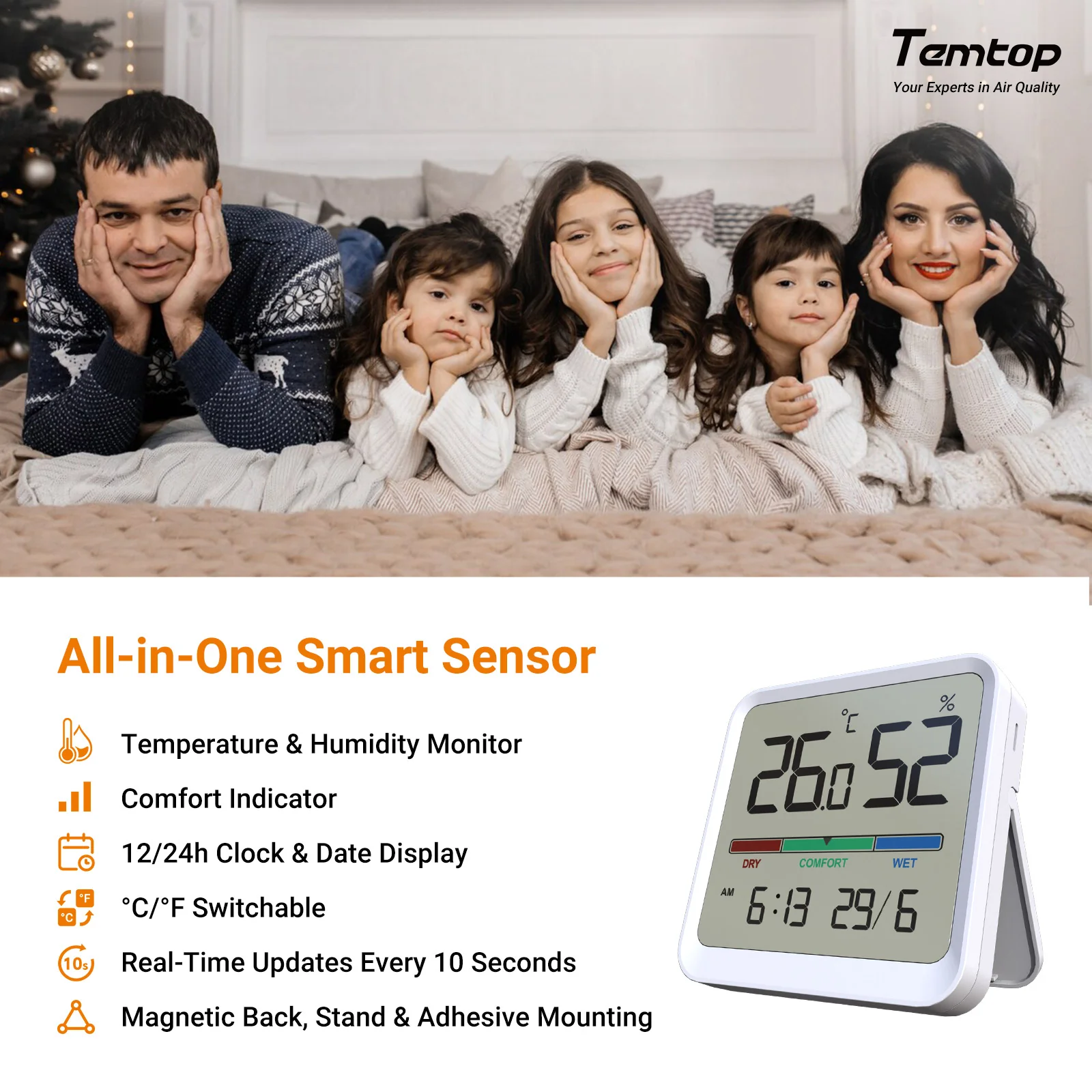 Temtop T1-SE Indoor Thermometer Hygrometer – Digital Room Temperature and Humidity Monitor with Comfort Indicator, ℃/℉ Switch, for Home, Office, Nursery - Image 2