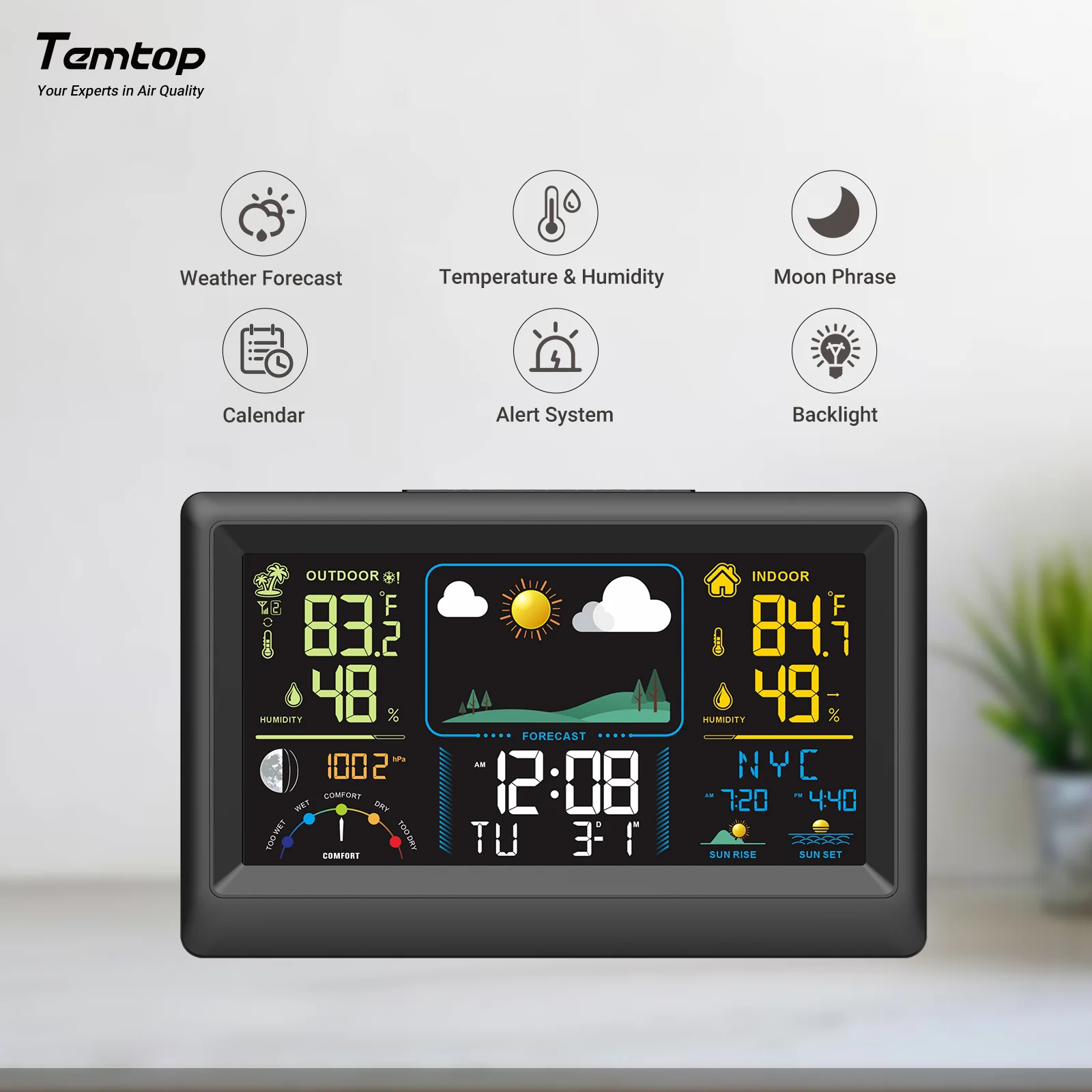 Temtop W100 Weather Station Multifunctional Weather Station with Indoor/Outdoor Temperature, Humidity, Atmospheric Pressure, Weather Forecast, Moon Phase, and Alarm Features - Image 2
