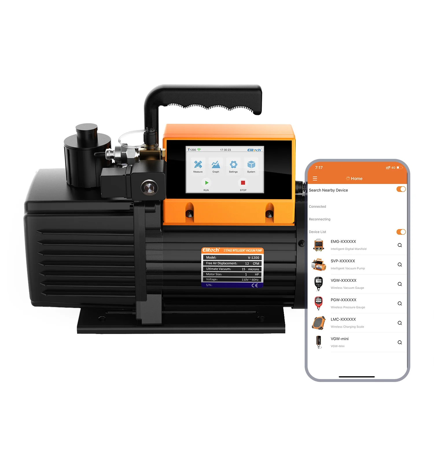 Elitech V1200 220V Intelligent 2-Stage Vacuum Pump 12CFM, 5L/S, APP Control, Data Logging, Smart Control, HVAC Refrigerator Heat Pump Service Tool (oil is not included) - Image 3